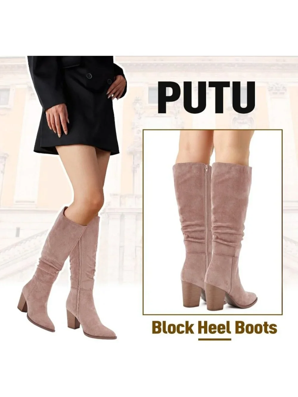 Women's Rose Brown Calf High Faux Suede Pointed Toe Slouch Boots with Heel